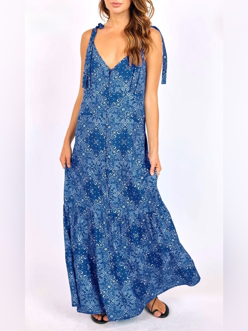 Sage Blue Paisley Tie-Shoulder Maxi Dress